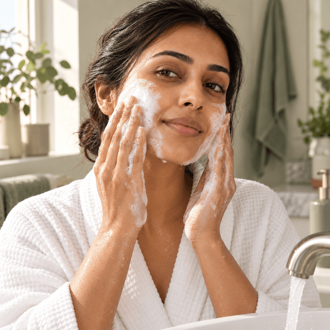 Washing the face with foaming cleanser